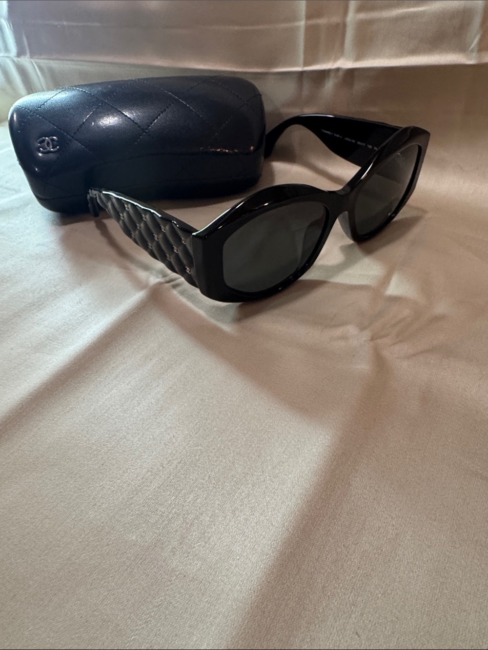 CHANEL Black Quilted-Arm Oval Sunglasses